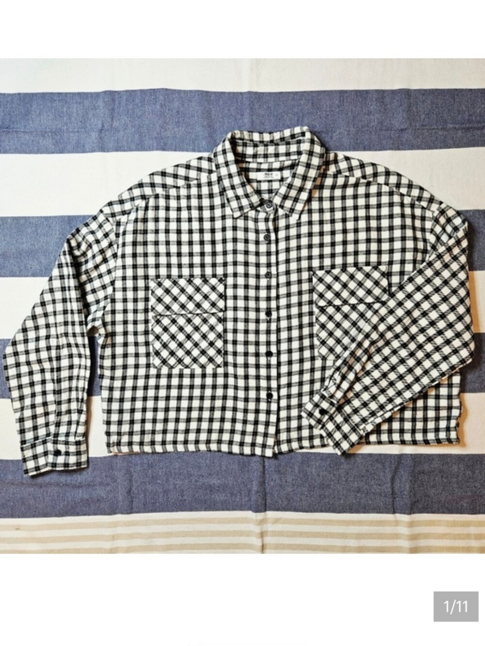 Ardene Cotton Flannel Cropped Plaid Shirt Jacket Black And White Large